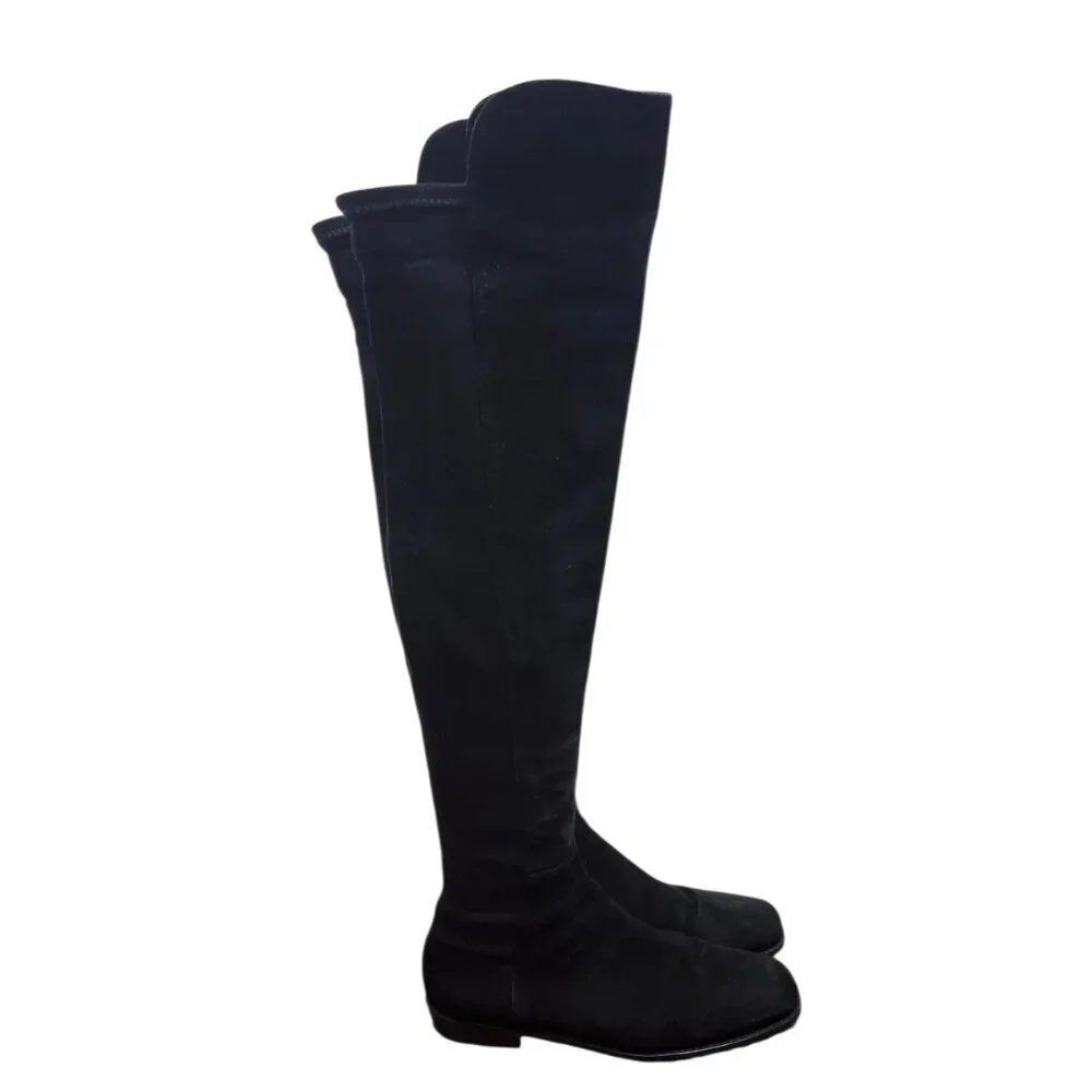 Stuart Weitzman 5050 Black Suede Over The Knee Flat Boots Stretch OTK Women 7.5